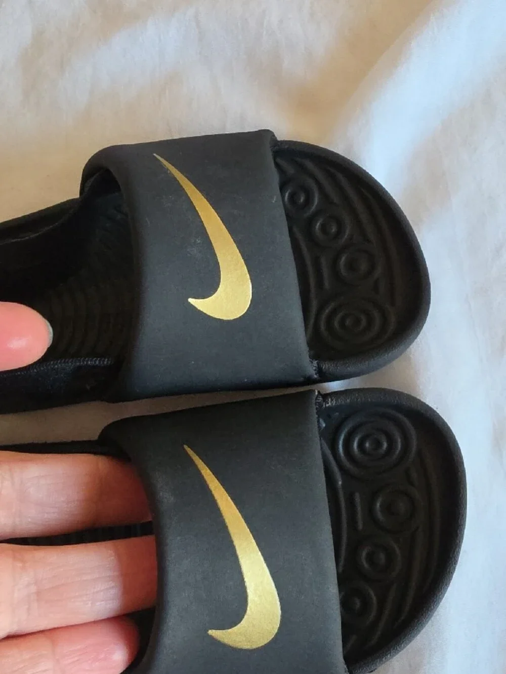 Nike Toddler Black Slide Sandals with Gold Swoosh